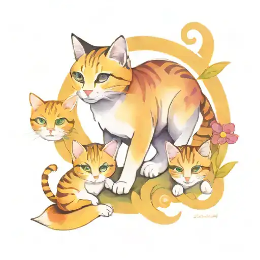 A small tattoo design in a tribal style with watercolor elements, featuring a mother cat and three kittens, with one kit tattoo design idea