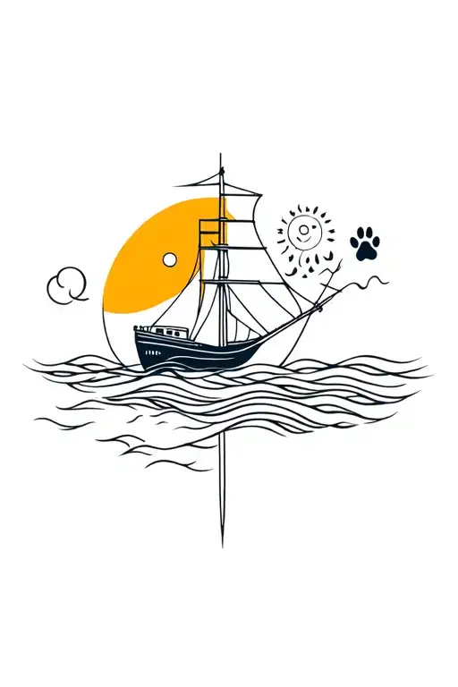 ship, sun and moon, waves, paw print merged tattoo design idea