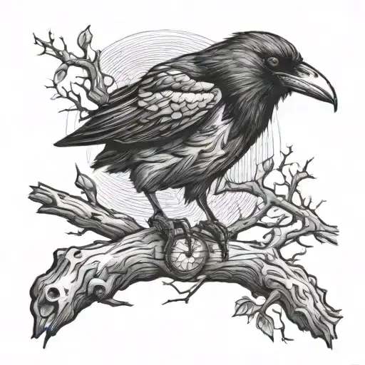 crow eating an eye by a dead tree tattoo design idea