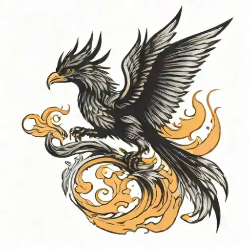 I want a flying phoenix from the side, rising from the flames. The feet should still be in the fire. The image should be tattoo design idea