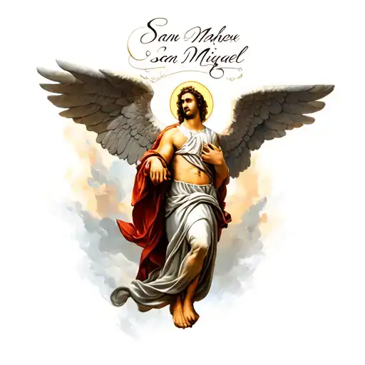 saint michael archangel with San Miguel in cursive tattoo design idea