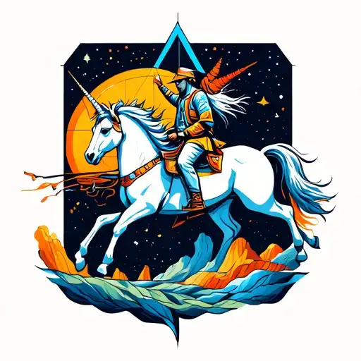 A trader riding a mystical unicorn through a cosmic landscape tattoo design idea