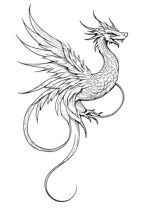 minimalist simple line drawing phoenix swirl intertwined dragon tattoo design idea