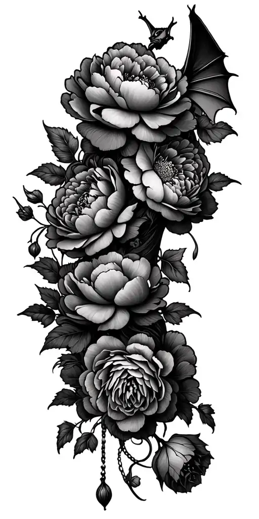 peonies wrapping around spine with a bat hanging upside tattoo design idea