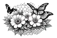 flowers with bullterflies and a honeycomb backround tattoo design idea