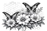 flowers with bullterflies and a honeycomb backround tattoo design idea