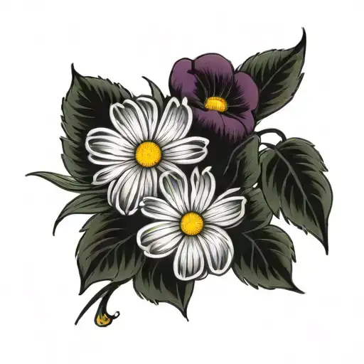 april birth flower tattoo. 2 daisys and 2 sweet peas. one of the daisy slightly bigger than the other. on shoulder blade tattoo design idea