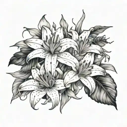 3 lilies, 4 calendulas with with waterdrops on them tattoo design idea