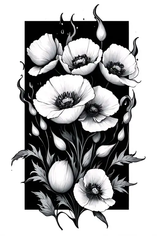 remembrance, poppies, fire, dark them tattoo design idea