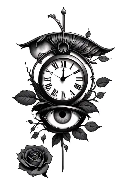 clock with roman numerals under That put a sharingan eye which than under that fades into a rose tattoo design idea