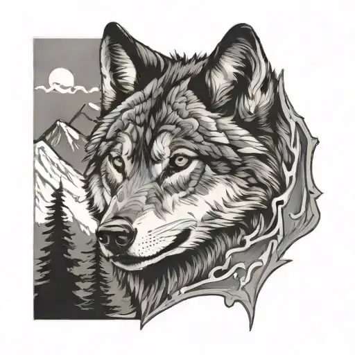wolf and mountains tattoo design idea