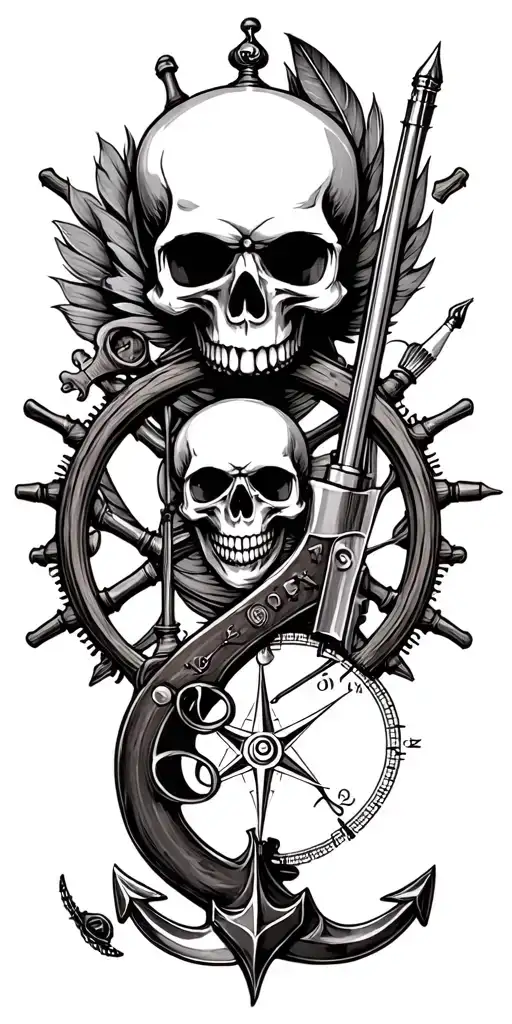 skulls, flintlock pistol, cutlass, quill pen, nautical compass, fouled anchor, ship's wheel, hourglass tattoo design idea