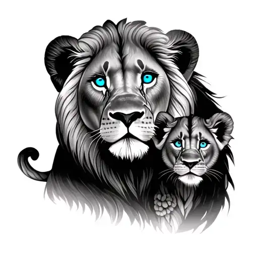 lion and cub with blue eyes and the background tattoo design idea