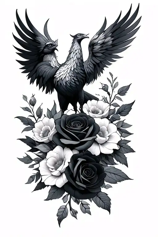 Phoenix and black roses surrounded by flowers tattoo design idea