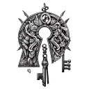 An intricate keyhole design with a male chastity device as the key, symbolizing ownership and submission tattoo design idea
