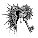 An intricate keyhole design with a male chastity device as the key, symbolizing ownership and submission tattoo design idea