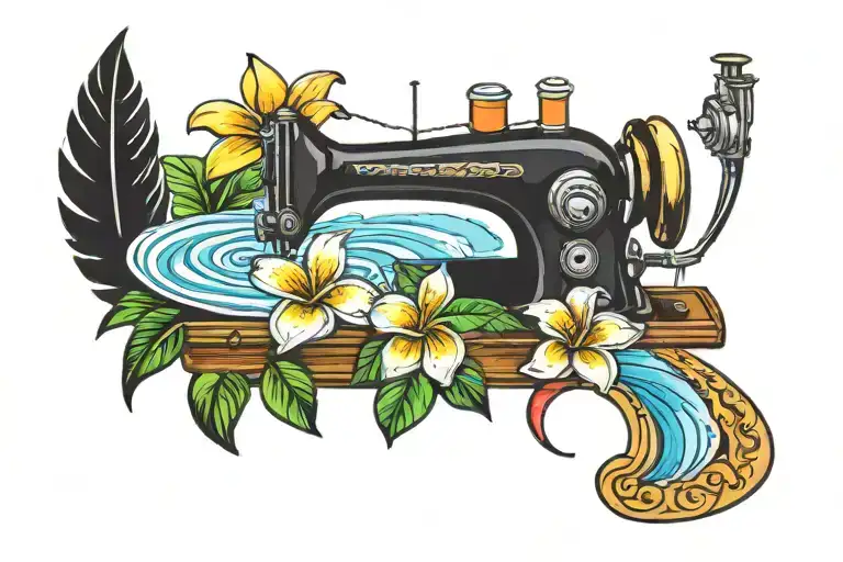 sewing machine palm tree wave rainbow plumeria hawaii tattoo design idea
