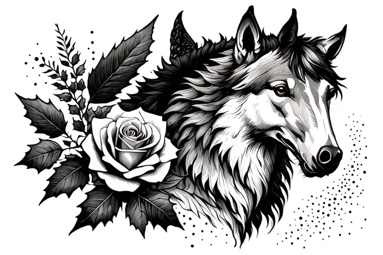 a wolf, a rose, a holly leaf, and a winged horse in minimalist style tattoo design idea