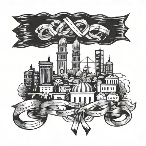 A Vukovar skyline with awareness ribbons intertwined in the architecture, symbolizing unity and remembrance tattoo design idea