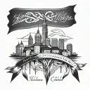 A Vukovar skyline with awareness ribbons intertwined in the architecture, symbolizing unity and remembrance tattoo design idea