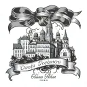 A Vukovar skyline with awareness ribbons intertwined in the architecture, symbolizing unity and remembrance tattoo design idea