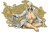 Sexy Nun, huge boobs,, wide hips, petite, revealing attire, seductive facial expressions, gold cross, Lingerie, sexual tattoo design idea