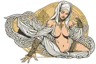 Sexy Nun, huge boobs,, wide hips, petite, revealing attire, seductive facial expressions, gold cross, Lingerie, sexual tattoo design idea