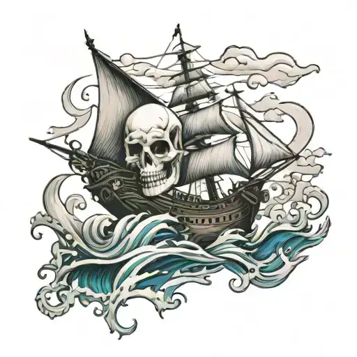 ship on ocean with skull rock  tattoo design idea