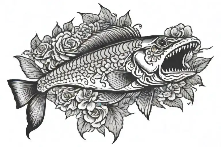 skeleton walleye fish with flowers tattoo design idea