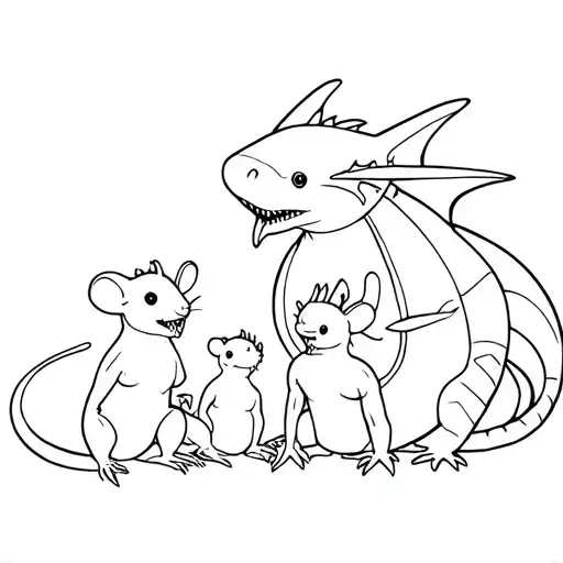 mouse, lizard, shark, dragon friends sitting tattoo design idea