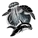 Sea turtle, jellyfish and dolphins tattoo design idea
