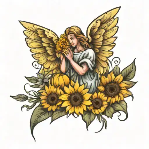 medium sized memorial tattoo with angel holding sunflowers   tattoo design idea