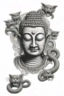 buddha with a cobra and falling masks  tattoo design idea