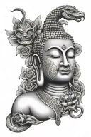 buddha with a cobra and falling masks  tattoo design idea