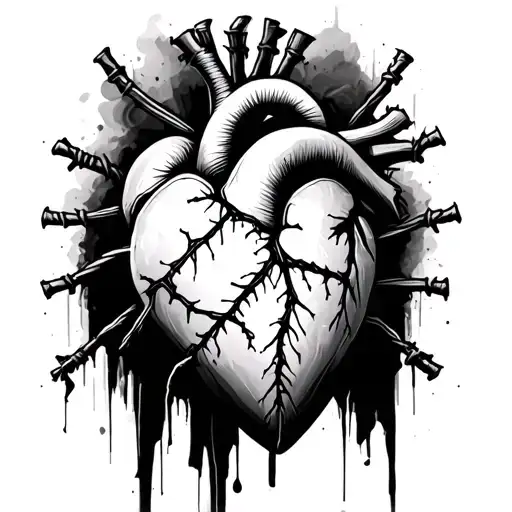 A gothic emo tattoo design featuring a broken anatomical heart stitched together with rough thread, pierced vertically b tattoo design idea