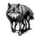 A wolf with scars, standing alone but strong in the dark. tattoo design idea