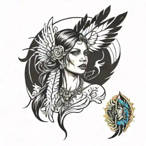 portrait and feathers falling angel wing fused tattoo design idea