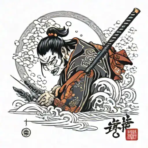 a samurai with a katana making a cut but with tears on his face tattoo design idea