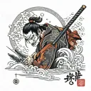 a samurai with a katana making a cut but with tears on his face tattoo design idea