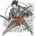 a samurai with a katana making a cut but with tears on his face tattoo design idea