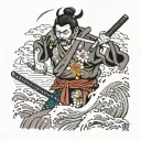 a samurai with a katana making a cut but with tears on his face tattoo design idea