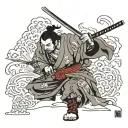 a samurai with a katana making a cut but with tears on his face tattoo design idea