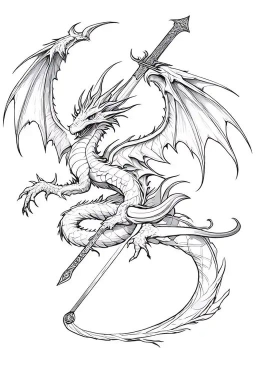 Image of the air dragon wrapping an open -wing medieval sword tattoo design idea