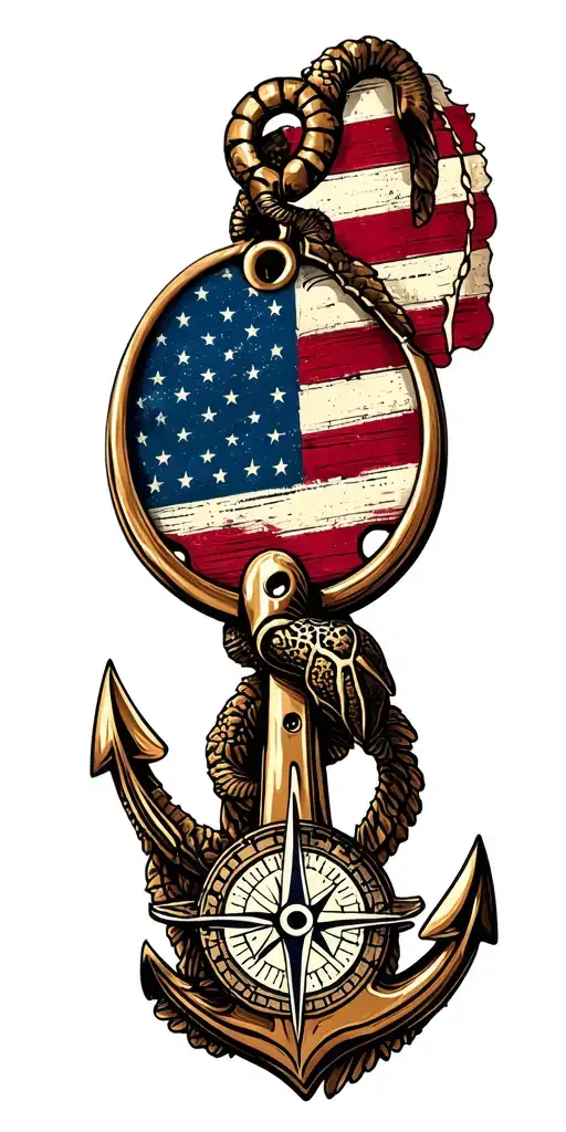 sea turtle, anchor intertwined compass american flag dog tags tattoo design idea