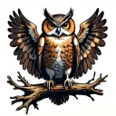 Owl sitting on an old tree, wings spread, forest path in the background tattoo design idea