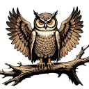 Owl sitting on an old tree, wings spread, forest path in the background tattoo design idea