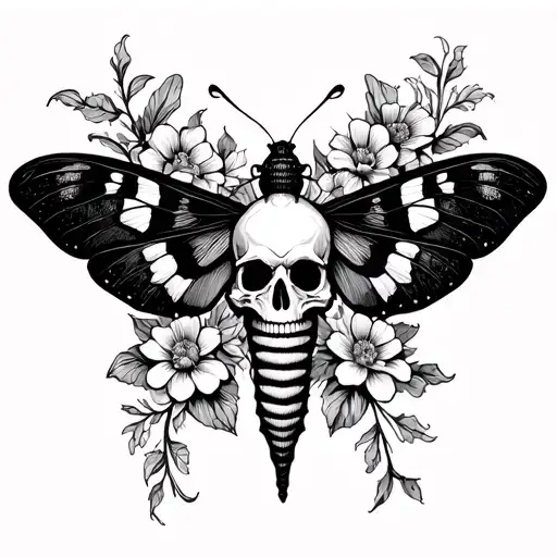 moth with skull and flowers tattoo design idea