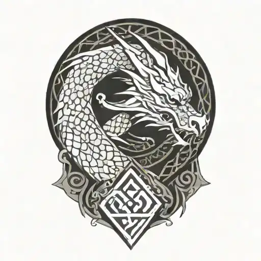 dragon silhouette with celtic knot scales wrapping around a Valknut  tattoo design idea