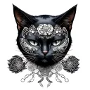 Black cat with Japanese mask tattoo design idea