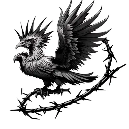 create a black tattoo with a rising phoenix and barbwire tattoo design idea
